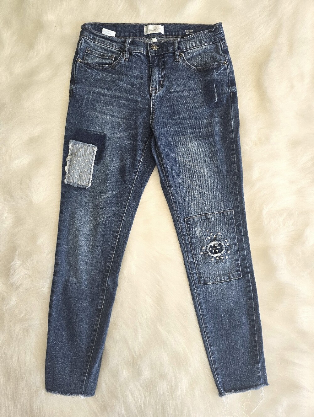 Nicole Miller Skinny Mid-Rise Patchwork Raw Hem Jeans